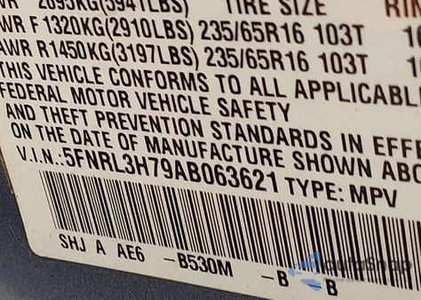 2010 Honda Odyssey Ex-L z USA, uszkodzony, nr VIN 5FNRL3H79AB063621